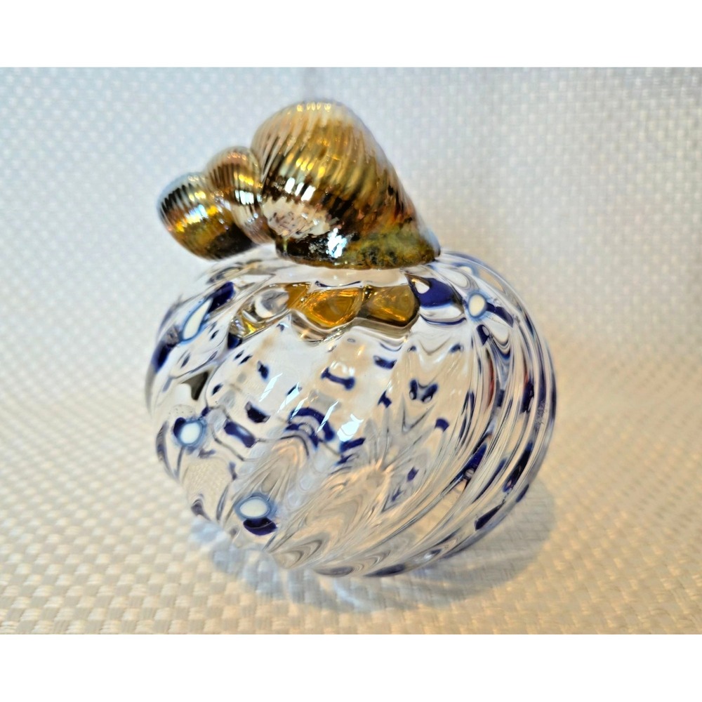 Murano Style Hand-Blown Glass Pumpkin With Gold-Toned Stem & Swirled Blue Accent